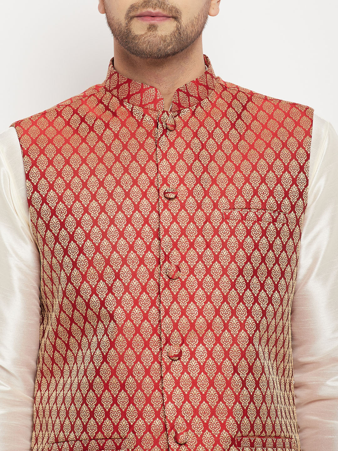 VM by Vastramay Men's Cream And Maroon Silk Blend Jacket, Kurta And Pyjama Set - Distacart
