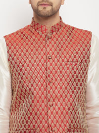 Thumbnail for VM by Vastramay Men's Cream And Maroon Silk Blend Jacket, Kurta And Pyjama Set - Distacart