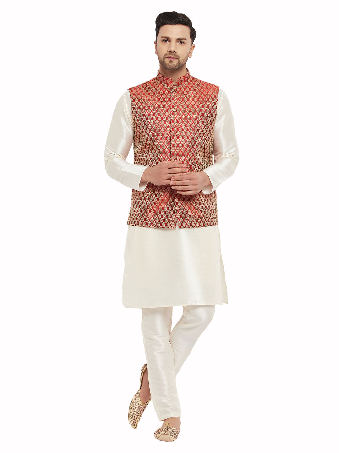 VM by Vastramay Men's Cream And Maroon Silk Blend Jacket, Kurta And Pyjama Set - Distacart