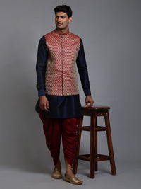 Thumbnail for VM by Vastramay Men's Maroon And Navy Blue Silk Blend Jacket, Kurta And Dhoti Set - Distacart
