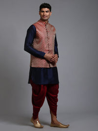 Thumbnail for VM by Vastramay Men's Maroon And Navy Blue Silk Blend Jacket, Kurta And Dhoti Set - Distacart