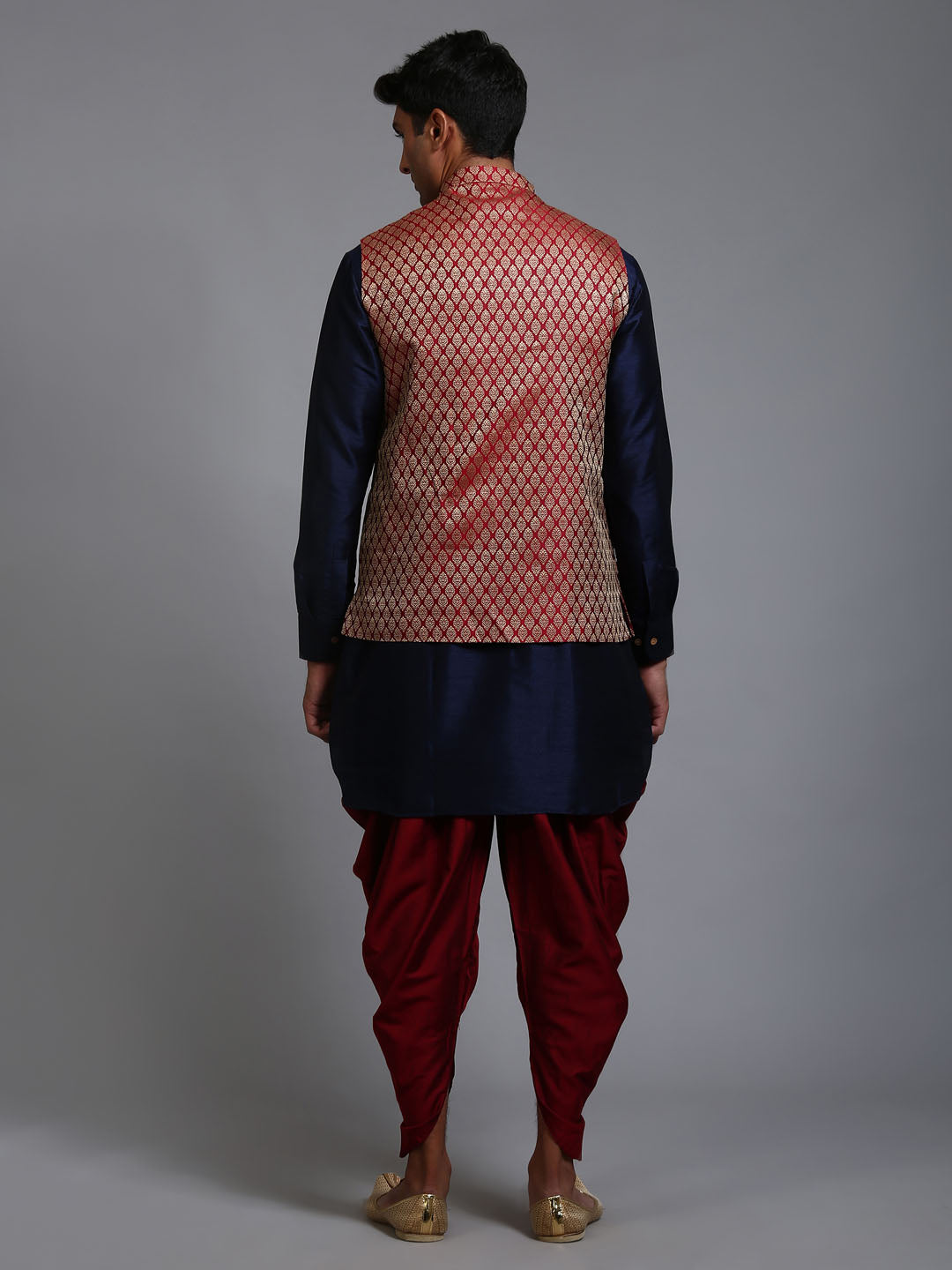 VM by Vastramay Men's Maroon And Navy Blue Silk Blend Jacket, Kurta And Dhoti Set - Distacart