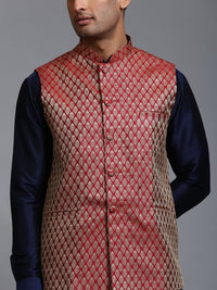 Thumbnail for VM by Vastramay Men's Maroon And Navy Blue Silk Blend Jacket, Kurta And Dhoti Set - Distacart