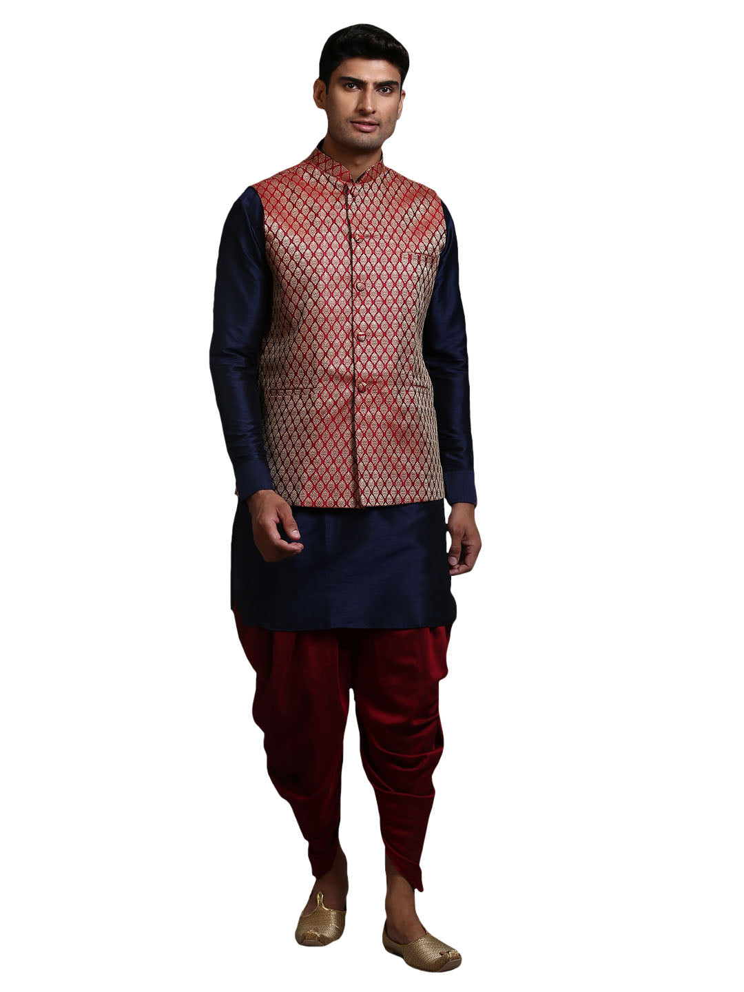 VM by Vastramay Men's Maroon And Navy Blue Silk Blend Jacket, Kurta And Dhoti Set - Distacart