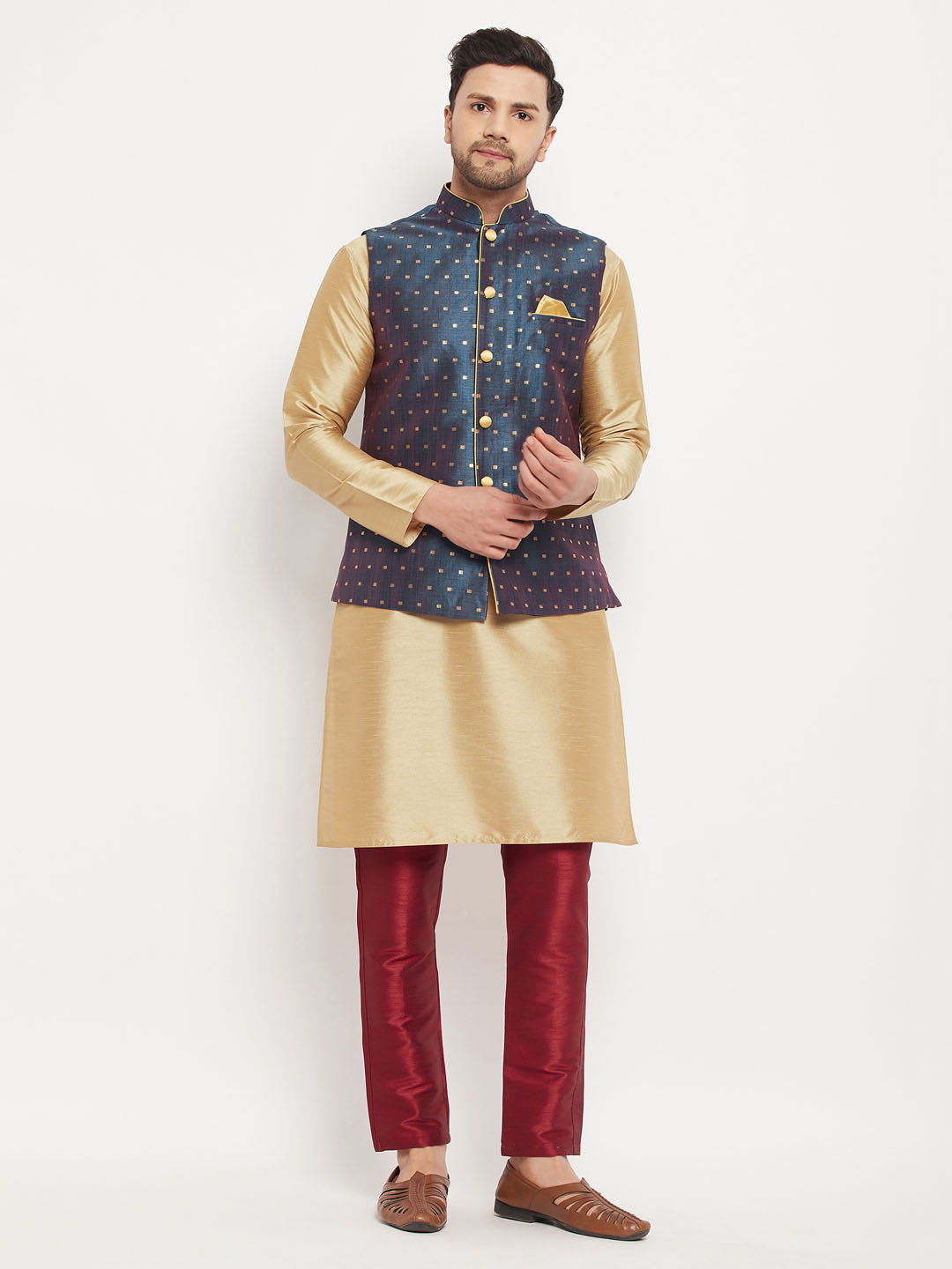 VM by Vastramay Men's Blue And Rose Gold Silk Blend Jacket, Kurta And Pyjama Set - Distacart