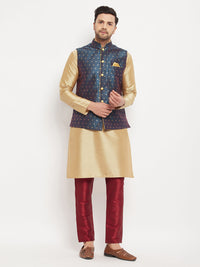 Thumbnail for VM by Vastramay Men's Blue And Rose Gold Silk Blend Jacket, Kurta And Pyjama Set - Distacart