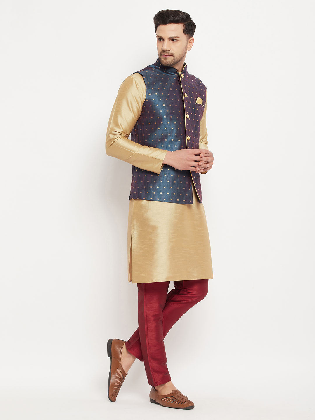 VM by Vastramay Men's Blue And Rose Gold Silk Blend Jacket, Kurta And Pyjama Set - Distacart