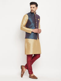 Thumbnail for VM by Vastramay Men's Blue And Rose Gold Silk Blend Jacket, Kurta And Pyjama Set - Distacart