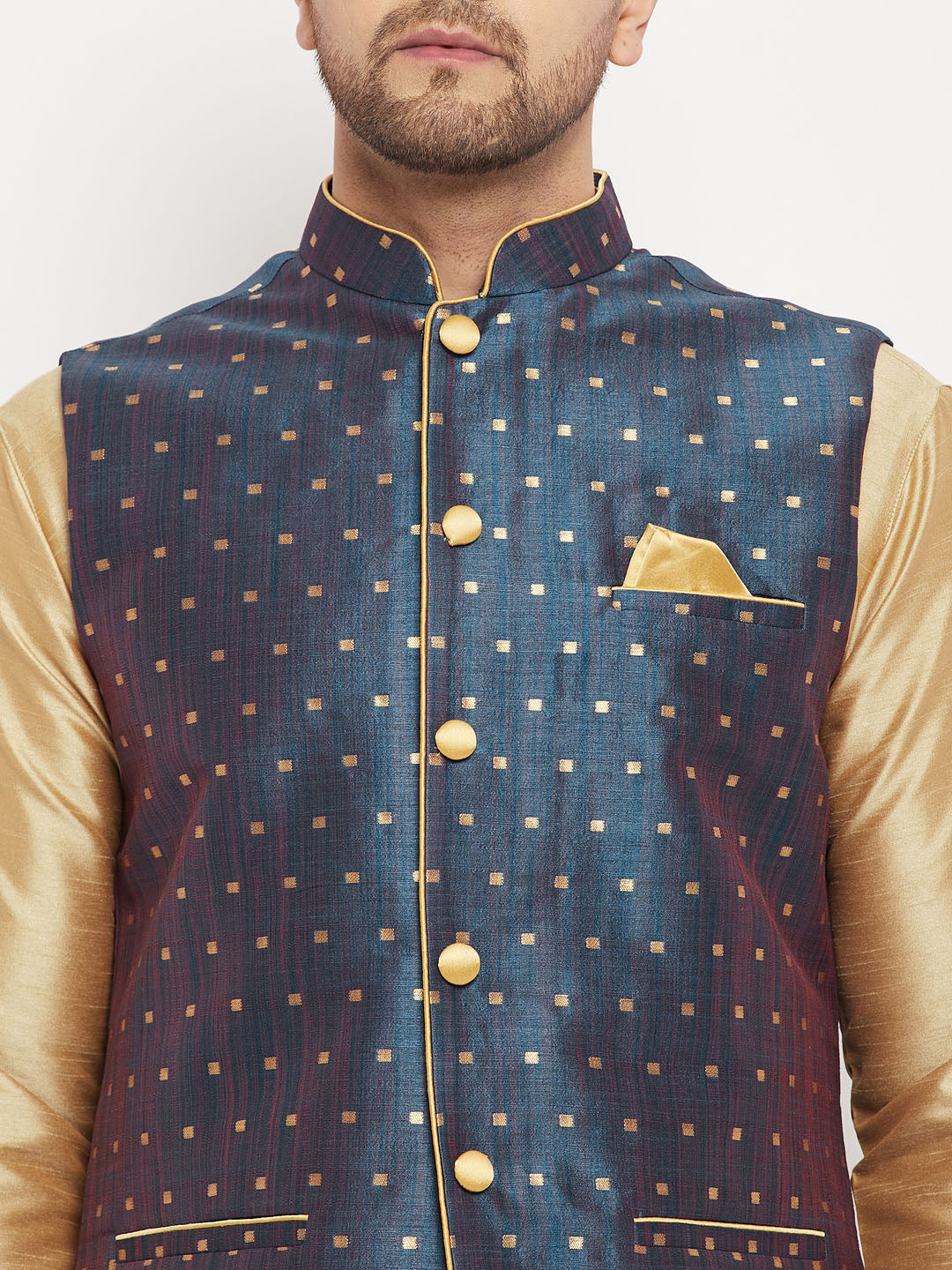 VM by Vastramay Men's Blue And Rose Gold Silk Blend Jacket, Kurta And Pyjama Set - Distacart