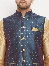 Thumbnail for VM by Vastramay Men's Blue And Rose Gold Silk Blend Jacket, Kurta And Pyjama Set - Distacart