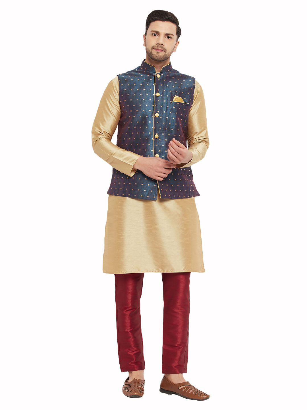 VM by Vastramay Men's Blue And Rose Gold Silk Blend Jacket, Kurta And Pyjama Set - Distacart