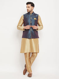 Thumbnail for VM by Vastramay Men's Blue And Rose Gold Silk Blend Jacket, Kurta And Pyjama Set - Distacart