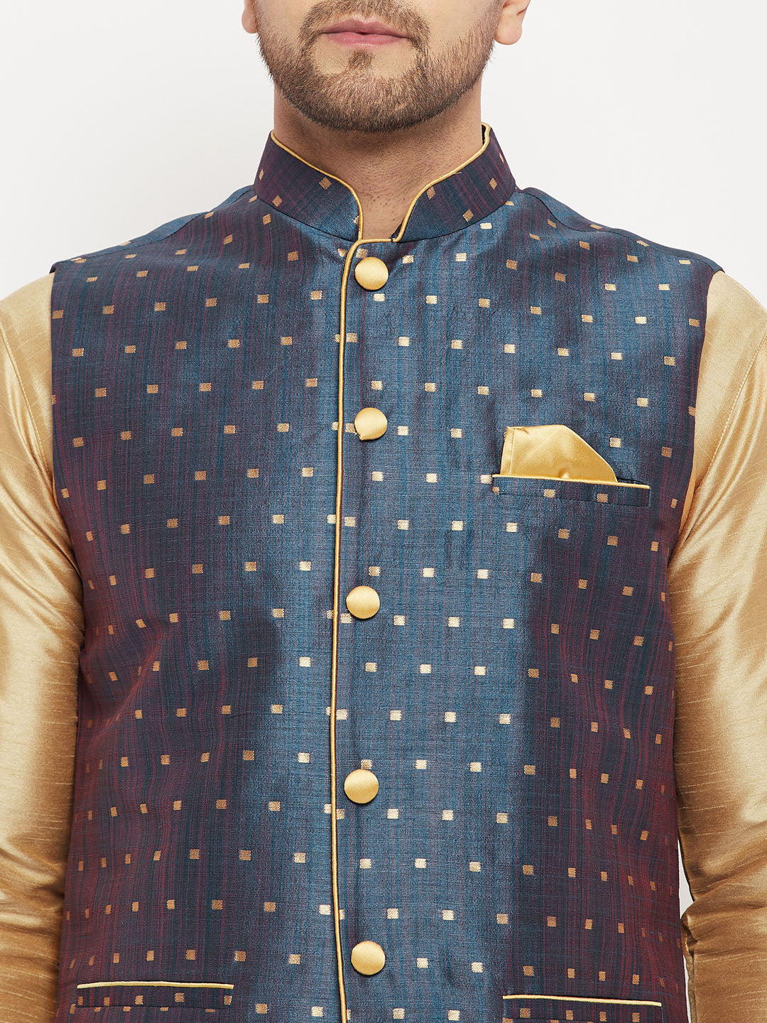 VM by Vastramay Men's Blue And Rose Gold Silk Blend Jacket, Kurta And Pyjama Set - Distacart