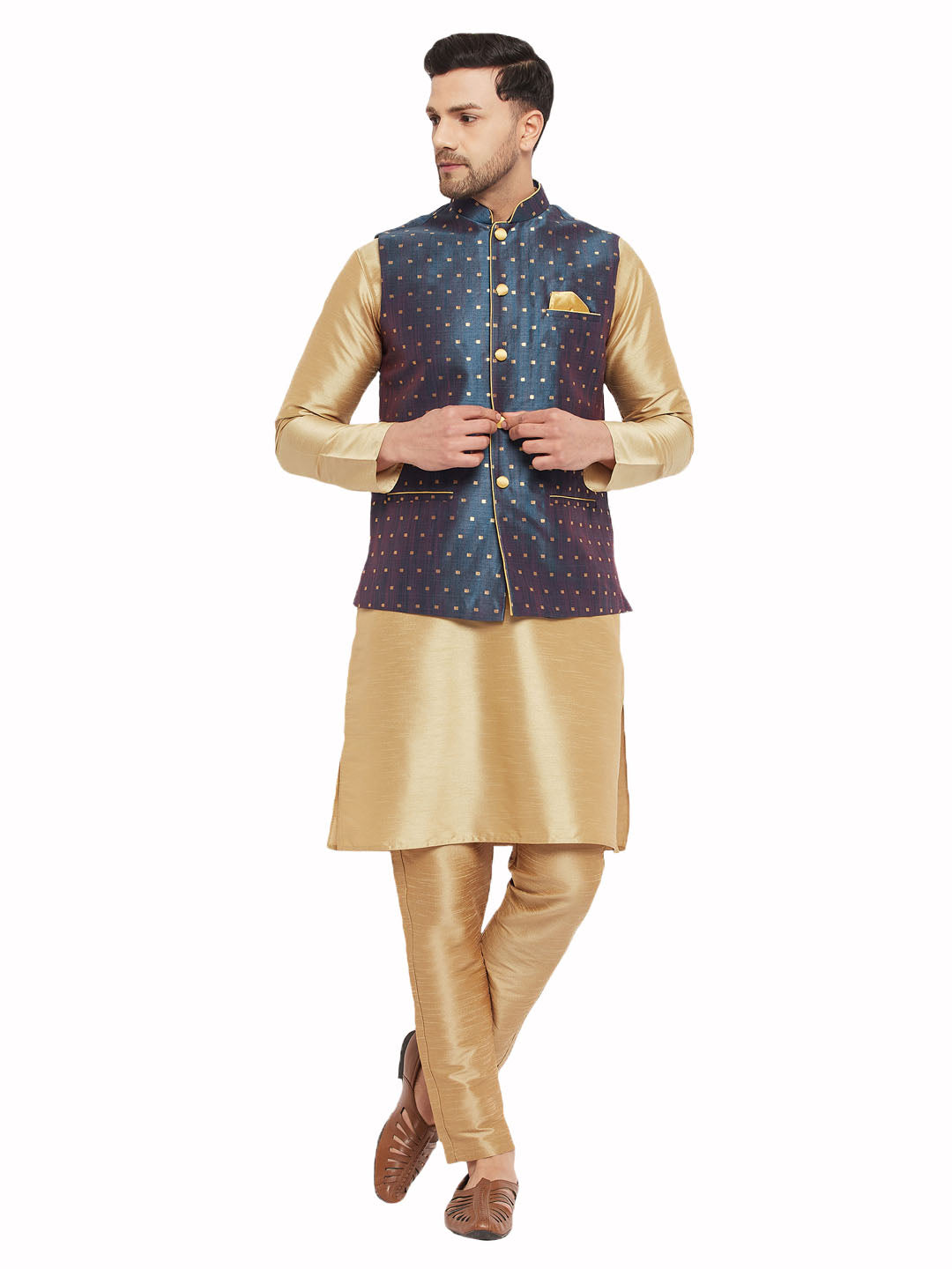 VM by Vastramay Men's Blue And Rose Gold Silk Blend Jacket, Kurta And Pyjama Set - Distacart