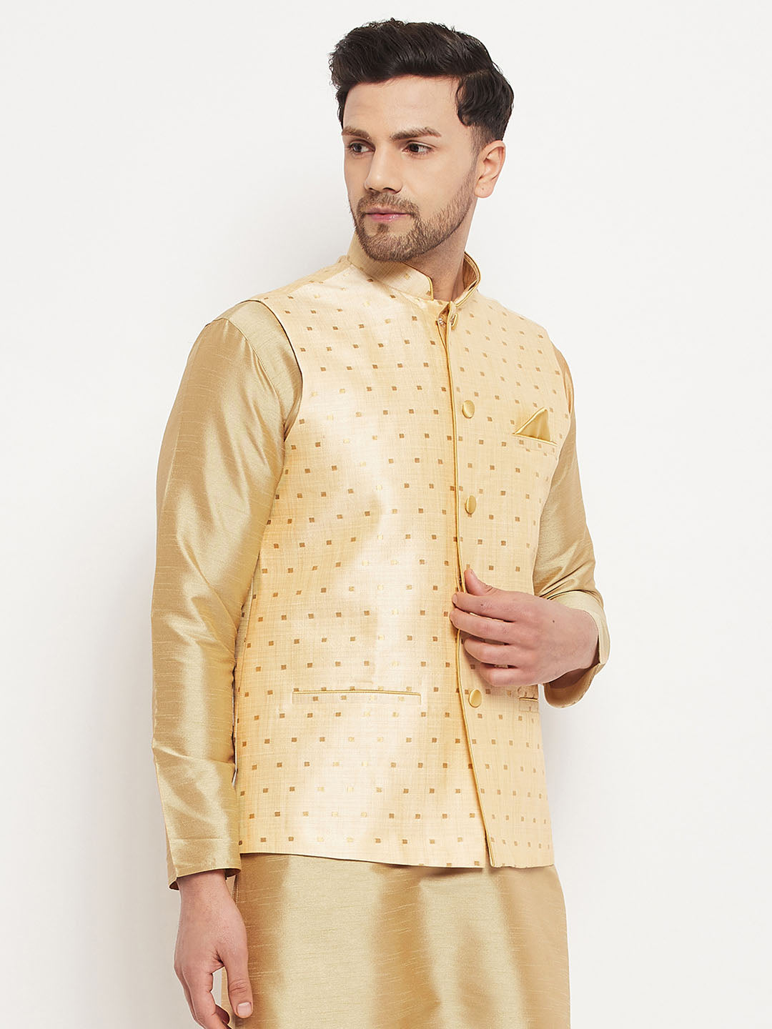VM by Vastramay Men's Gold Silk Blend Nehru Jacket - Distacart