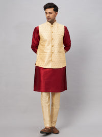 Thumbnail for VM by Vastramay Men's Maroon And Gold Silk Blend Jacket, Kurta And Pyjama Set - Distacart