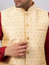 Thumbnail for VM by Vastramay Men's Maroon And Gold Silk Blend Jacket, Kurta And Pyjama Set - Distacart
