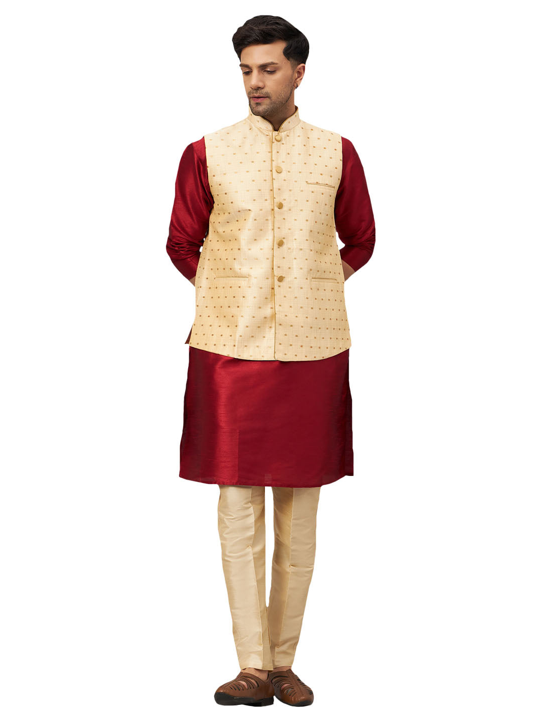 VM by Vastramay Men's Maroon And Gold Silk Blend Jacket, Kurta And Pyjama Set - Distacart