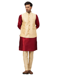Thumbnail for VM by Vastramay Men's Maroon And Gold Silk Blend Jacket, Kurta And Pyjama Set - Distacart