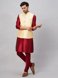 Thumbnail for VM by Vastramay Men's Maroon And Gold Silk Blend Jacket, Kurta And Pyjama Set - Distacart
