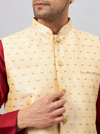 Thumbnail for VM by Vastramay Men's Maroon And Gold Silk Blend Jacket, Kurta And Pyjama Set - Distacart