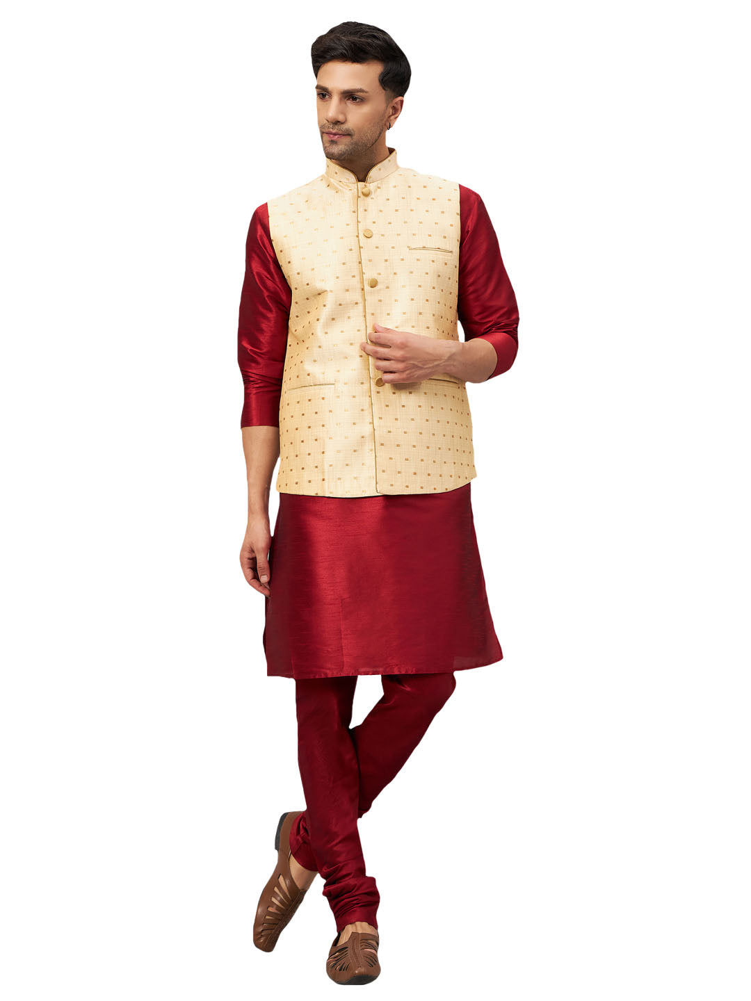 VM by Vastramay Men's Maroon And Gold Silk Blend Jacket, Kurta And Pyjama Set - Distacart
