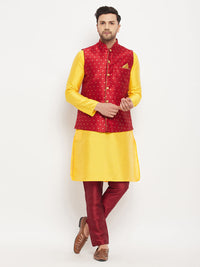 Thumbnail for VM by Vastramay Men's Yellow And Maroon Silk Blend Jacket, Kurta And Pyjama Set - Distacart