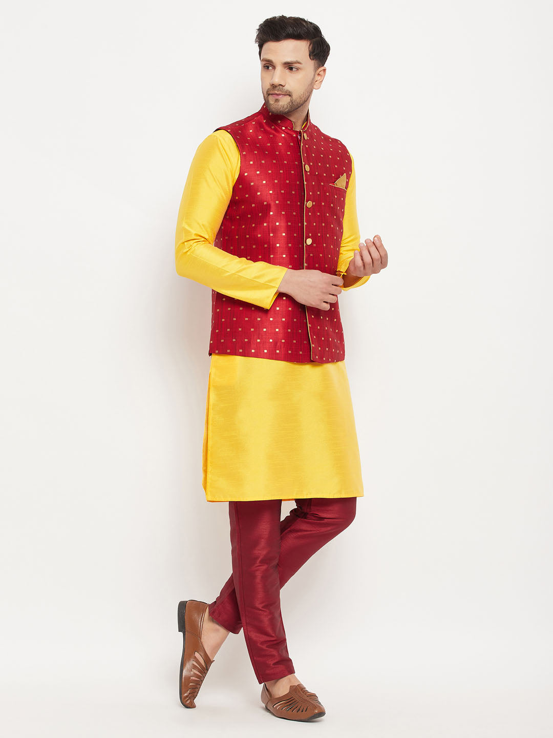 VM by Vastramay Men's Yellow And Maroon Silk Blend Jacket, Kurta And Pyjama Set - Distacart