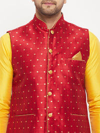 Thumbnail for VM by Vastramay Men's Yellow And Maroon Silk Blend Jacket, Kurta And Pyjama Set - Distacart
