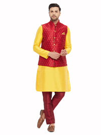 Thumbnail for VM by Vastramay Men's Yellow And Maroon Silk Blend Jacket, Kurta And Pyjama Set - Distacart