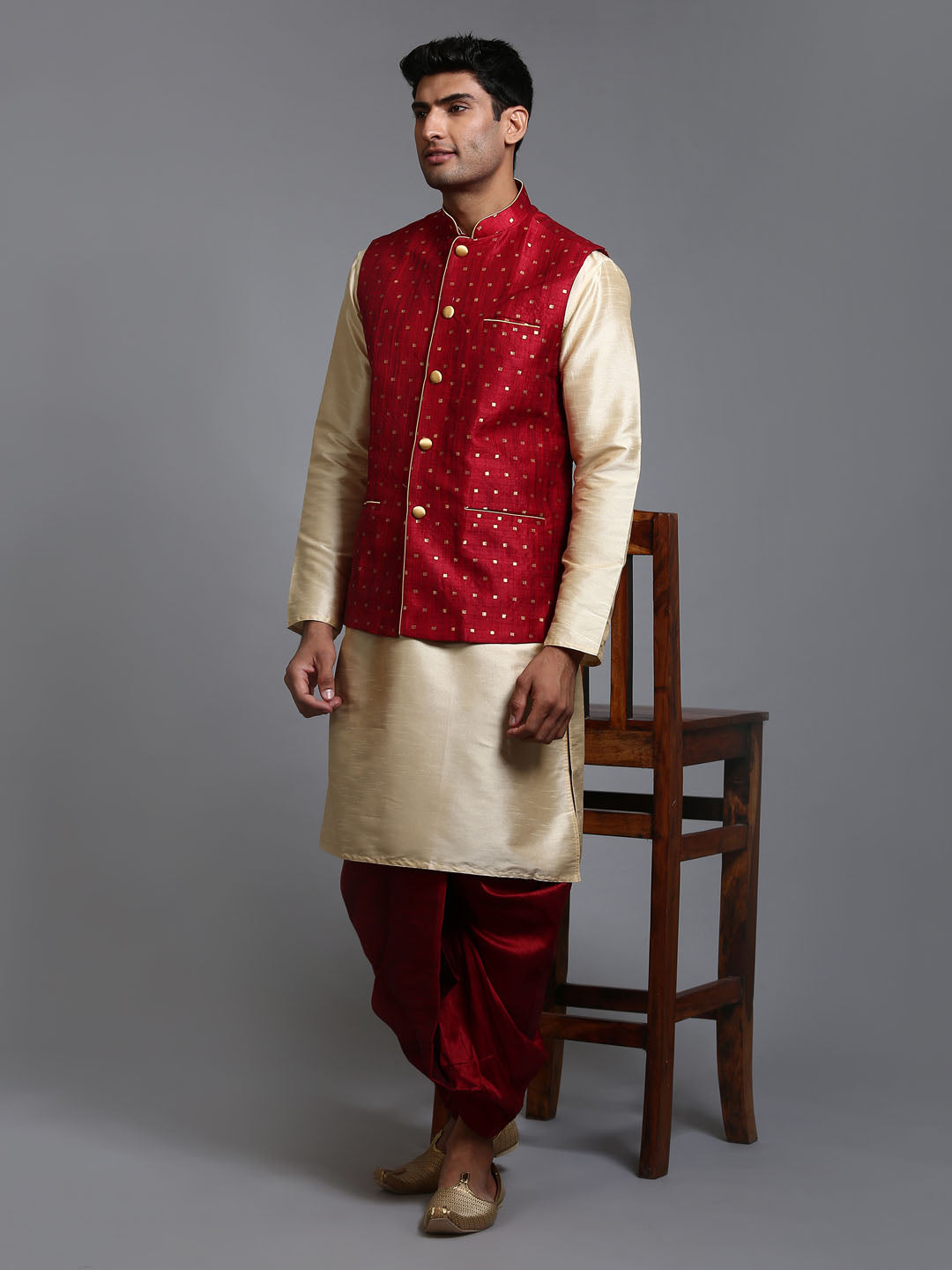 VM by Vastramay Men's Maroon And Gold Silk Blend Jacket, Kurta And Dhoti Set - Distacart