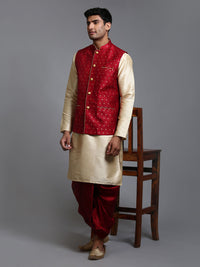 Thumbnail for VM by Vastramay Men's Maroon And Gold Silk Blend Jacket, Kurta And Dhoti Set - Distacart
