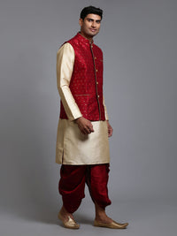 Thumbnail for VM by Vastramay Men's Maroon And Gold Silk Blend Jacket, Kurta And Dhoti Set - Distacart