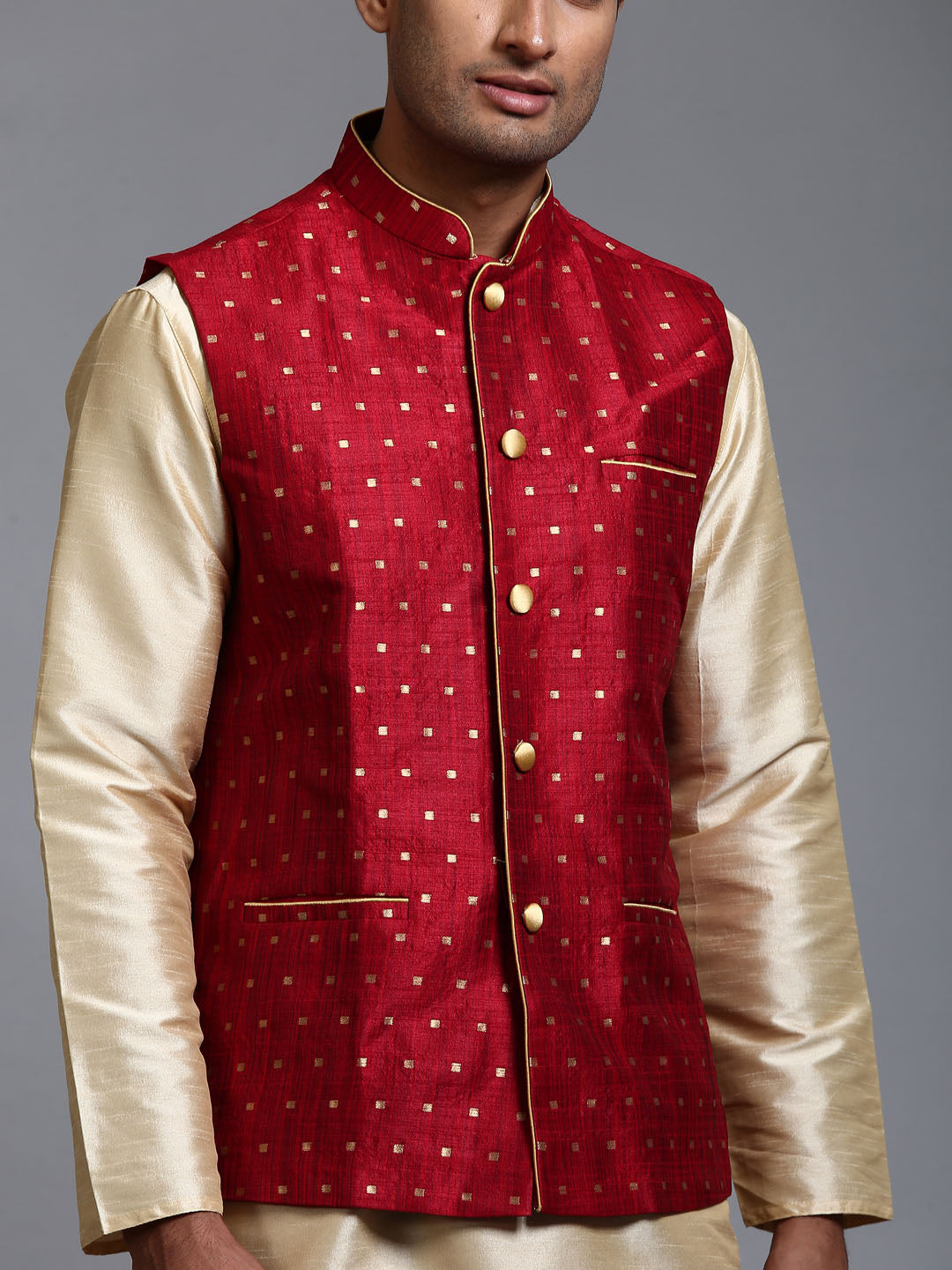 VM by Vastramay Men's Maroon And Gold Silk Blend Jacket, Kurta And Dhoti Set - Distacart