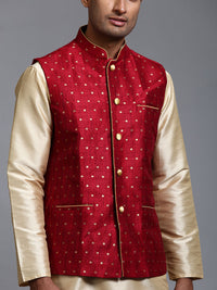 Thumbnail for VM by Vastramay Men's Maroon And Gold Silk Blend Jacket, Kurta And Dhoti Set - Distacart
