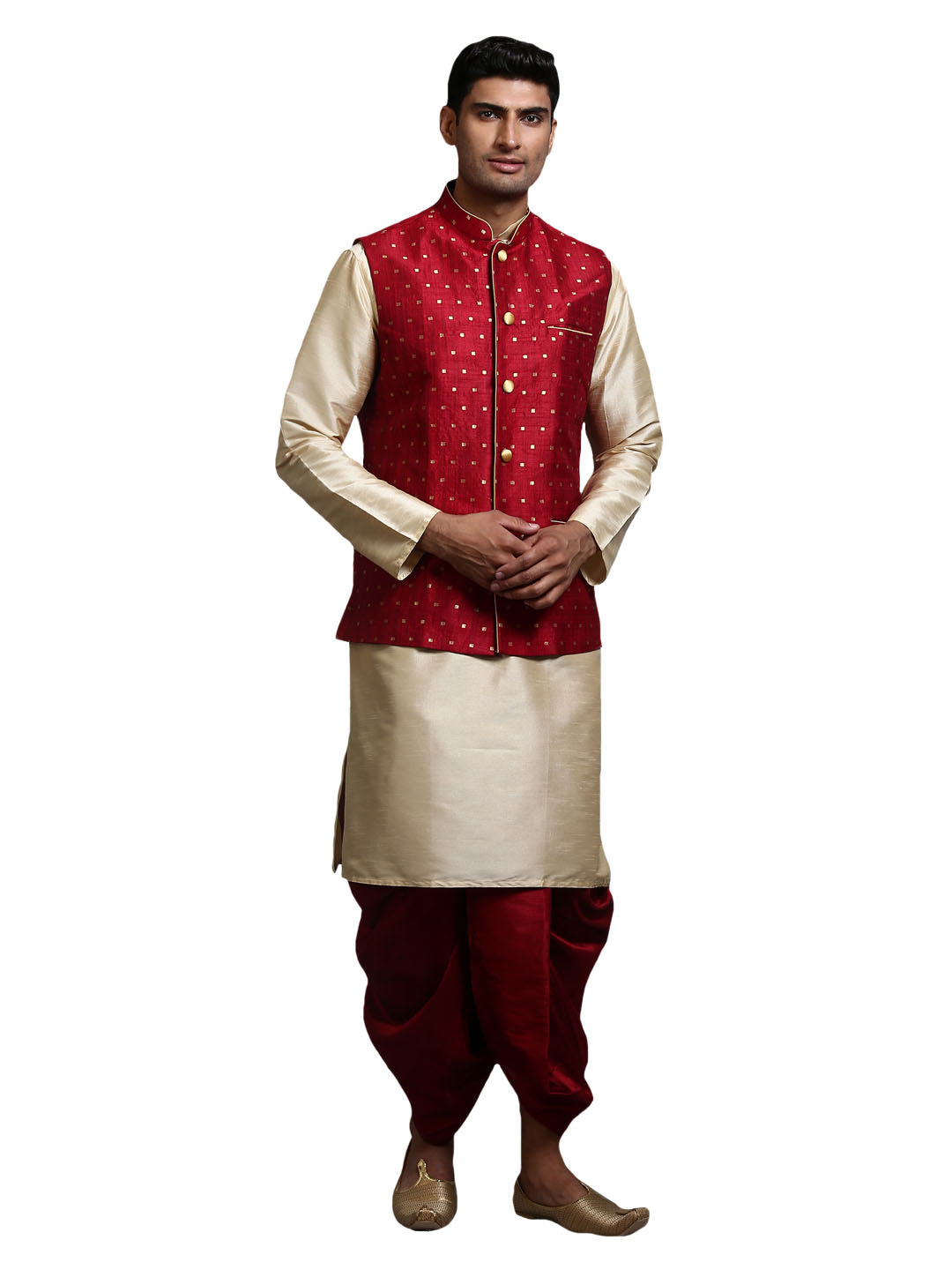 VM by Vastramay Men's Maroon And Gold Silk Blend Jacket, Kurta And Dhoti Set - Distacart