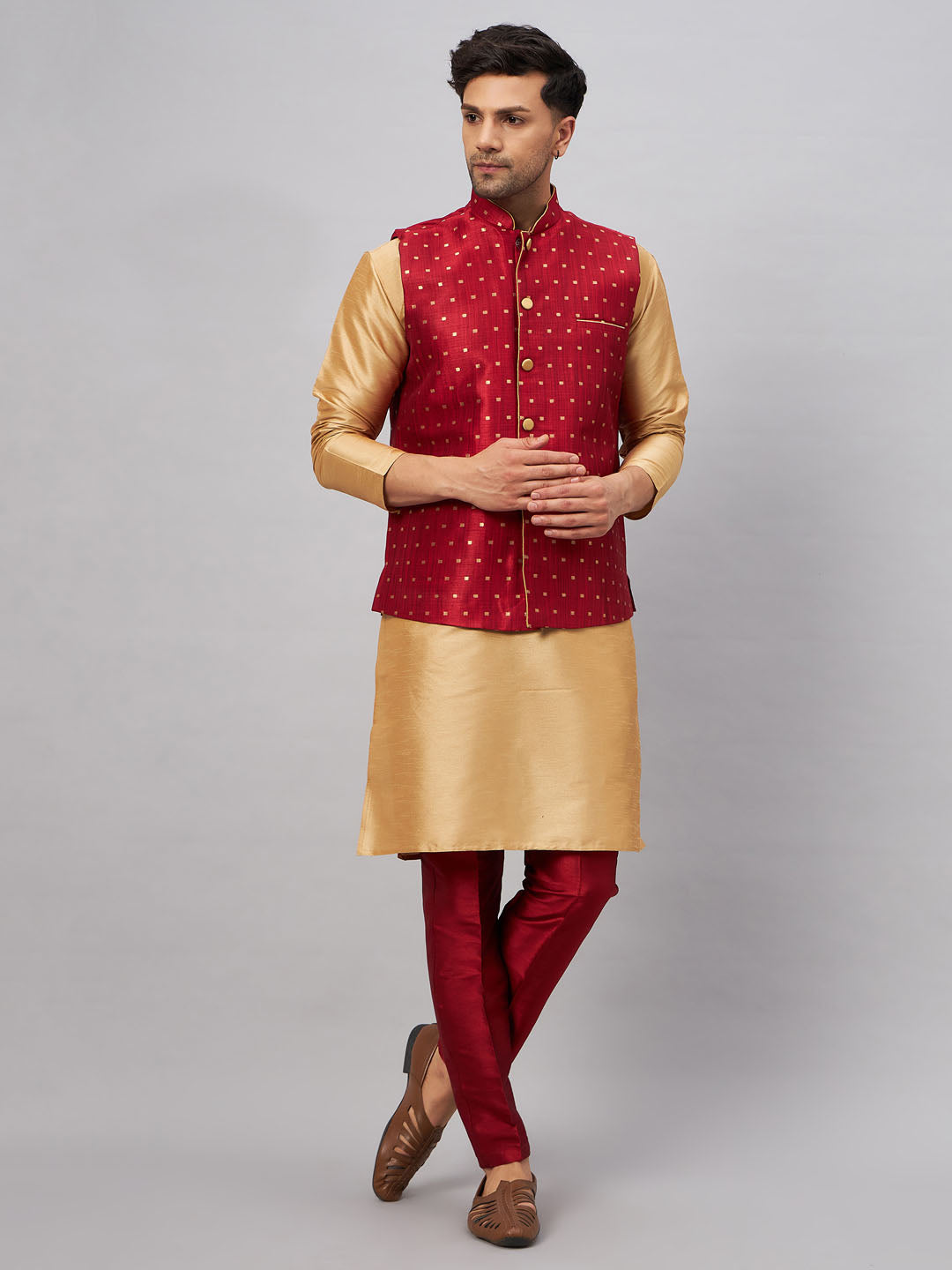 VM by Vastramay Men's Rose Gold And Maroon Silk Blend Jacket, Kurta And Pyjama Set - Distacart