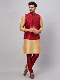 Thumbnail for VM by Vastramay Men's Rose Gold And Maroon Silk Blend Jacket, Kurta And Pyjama Set - Distacart