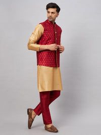 Thumbnail for VM by Vastramay Men's Rose Gold And Maroon Silk Blend Jacket, Kurta And Pyjama Set - Distacart
