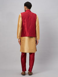 Thumbnail for VM by Vastramay Men's Rose Gold And Maroon Silk Blend Jacket, Kurta And Pyjama Set - Distacart