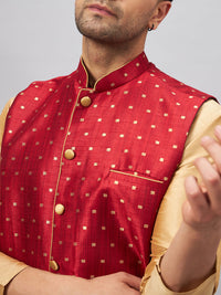 Thumbnail for VM by Vastramay Men's Rose Gold And Maroon Silk Blend Jacket, Kurta And Pyjama Set - Distacart