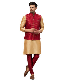 Thumbnail for VM by Vastramay Men's Rose Gold And Maroon Silk Blend Jacket, Kurta And Pyjama Set - Distacart