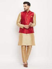 Thumbnail for VM by Vastramay Men's Rose Gold And Maroon Silk Blend Jacket, Kurta And Pyjama Set - Distacart