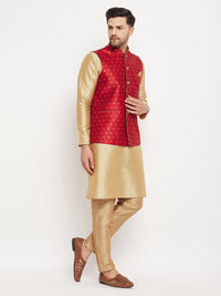 Thumbnail for VM by Vastramay Men's Rose Gold And Maroon Silk Blend Jacket, Kurta And Pyjama Set - Distacart