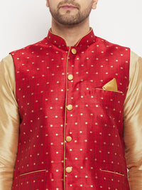 Thumbnail for VM by Vastramay Men's Rose Gold And Maroon Silk Blend Jacket, Kurta And Pyjama Set - Distacart