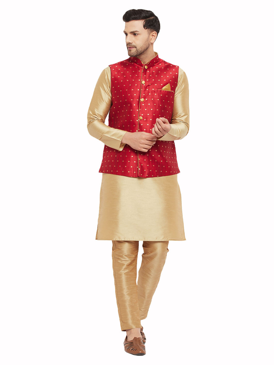 VM by Vastramay Men's Rose Gold And Maroon Silk Blend Jacket, Kurta And Pyjama Set - Distacart