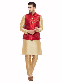 Thumbnail for VM by Vastramay Men's Rose Gold And Maroon Silk Blend Jacket, Kurta And Pyjama Set - Distacart