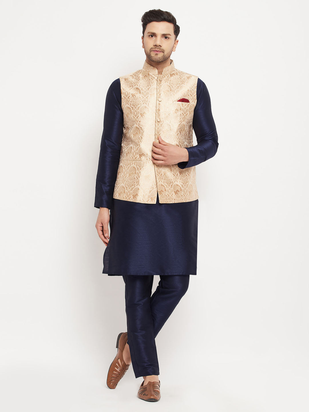VM by Vastramay Men's Navy Blue And Rose Gold Silk Blend Jacket, Kurta And Pyjama Set - Distacart