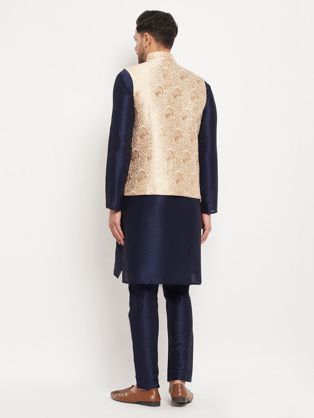VM by Vastramay Men's Navy Blue And Rose Gold Silk Blend Jacket, Kurta And Pyjama Set - Distacart