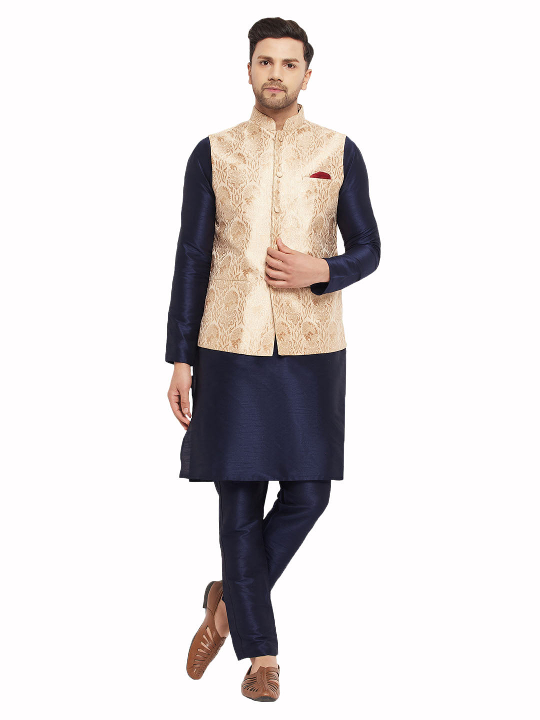 VM by Vastramay Men's Navy Blue And Rose Gold Silk Blend Jacket, Kurta And Pyjama Set - Distacart